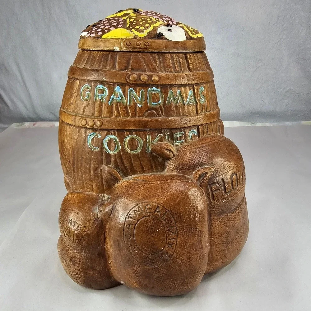 Vintage Twin Winton Grandmas Cookies Barrel Ceramic Cookie Jar Brown Handpainted